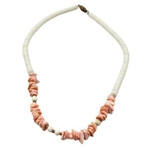 Vtg Pink And White Puka Shell Chip Necklace With Beads And Barrel Clasp